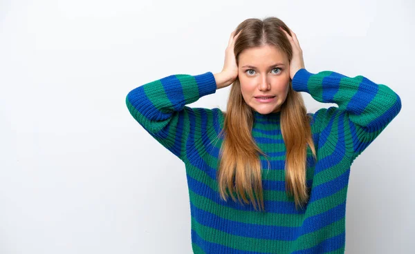 Giovane Donna Caucasica Isolata Sfondo Bianco Facendo Gesto Nervoso — Foto Stock