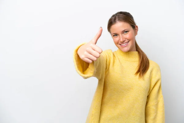 Young Caucasian Woman Isolated White Background Thumbs Because Something Good — Stock Photo, Image
