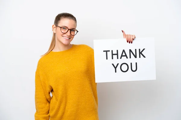 Young Caucasian Woman Isolated White Background Holding Placard Text Thank — Zdjęcie stockowe