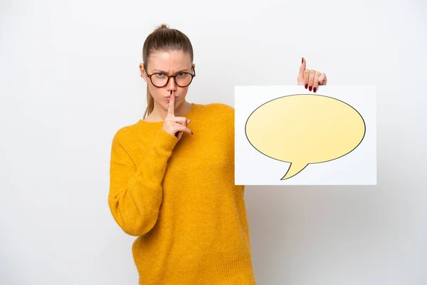 Young Caucasian Woman Isolated White Background Holding Placard Speech Bubble — Fotografia de Stock