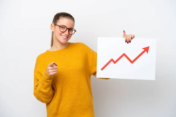Young Caucasian Woman Isolated White Background Holding Sign Growing Statistics — 图库照片