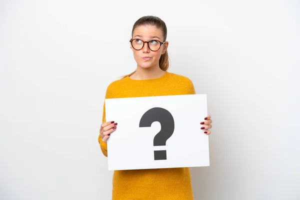 Young Caucasian Woman Isolated White Background Holding Placard Question Mark — Foto de Stock