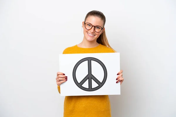 Young Caucasian Woman Isolated White Background Holding Placard Peace Symbol — Stock Fotó
