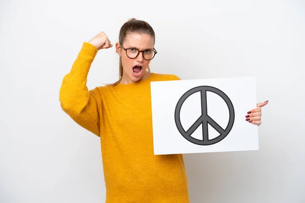 Young Caucasian Woman Isolated White Background Holding Placard Peace Symbol — Fotografia de Stock