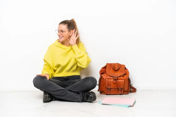Young Student Caucasian Woman Sitting One Floor Isolated White Background — Foto Stock