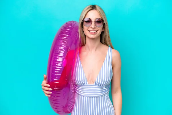 Blonde Woman Swimsuit Holding Air Mattress Donut Isolated Blue Background — Fotografia de Stock