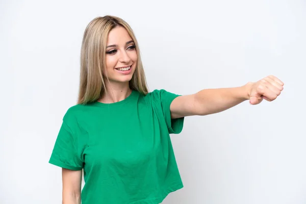 Pretty Blonde Woman Isolated White Background Giving Thumbs Gesture — Stockfoto