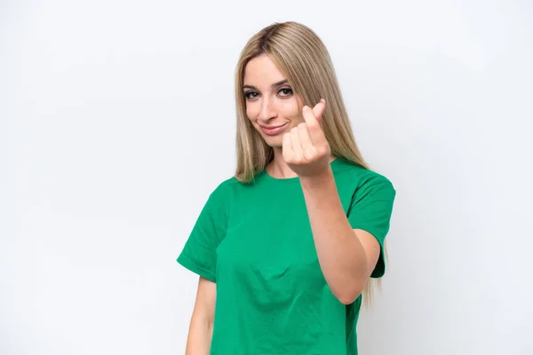 Pretty Blonde Woman Isolated White Background Making Money Gesture — Stock fotografie