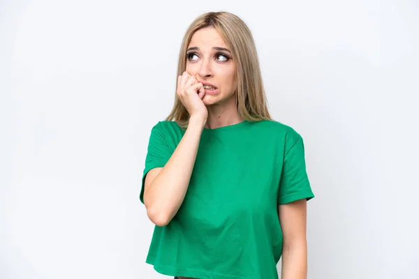 Pretty Blonde Woman Isolated White Background Little Bit Nervous — Stockfoto