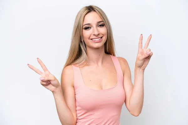 Pretty Blonde Woman Isolated White Background Showing Victory Sign Both — Foto de Stock