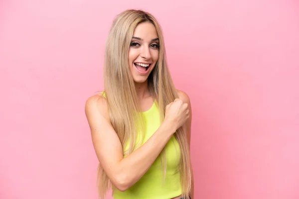 Pretty Blonde Woman Isolated Pink Background Celebrating Victory — Stock Photo, Image