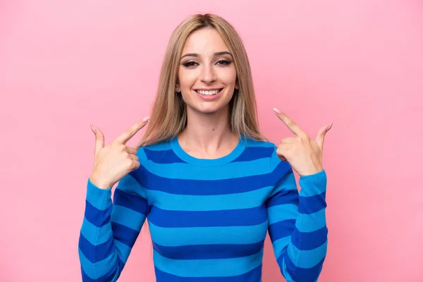 Pretty Blonde Woman Isolated Pink Background Giving Thumbs Gesture — Fotografia de Stock