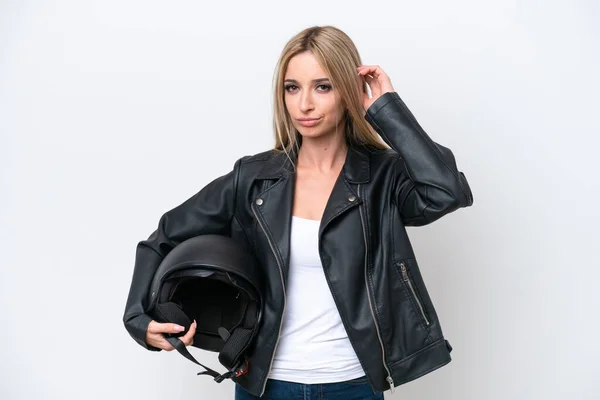 Pretty Blonde Woman Motorcycle Helmet Isolated White Background Having Doubts — 图库照片