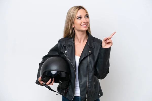 Pretty Blonde Woman Motorcycle Helmet Isolated White Background Pointing Great — Φωτογραφία Αρχείου