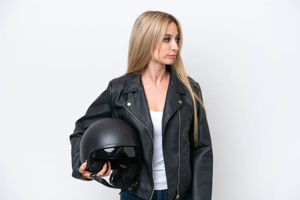 Pretty Blonde Woman Motorcycle Helmet Isolated White Background Looking Side — Zdjęcie stockowe