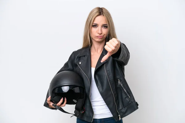 Pretty Blonde Woman Motorcycle Helmet Isolated White Background Showing Thumb — ストック写真
