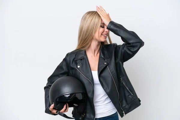 Pretty Blonde Woman Motorcycle Helmet Isolated White Background Has Realized — ストック写真