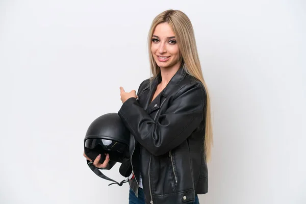 Pretty Blonde Woman Motorcycle Helmet Isolated White Background Pointing Back — Foto Stock