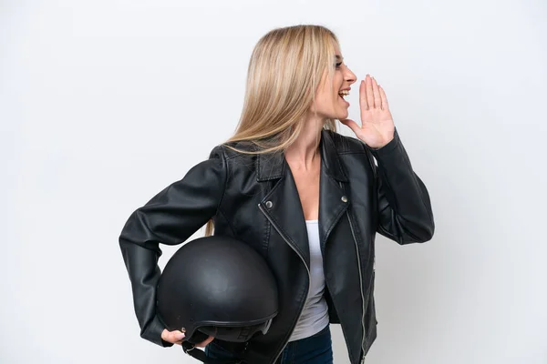 Pretty Blonde Woman Motorcycle Helmet Isolated White Background Shouting Mouth — 스톡 사진