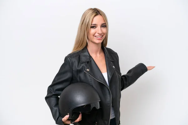 Pretty Blonde Woman Motorcycle Helmet Isolated White Background Extending Hands — Foto de Stock