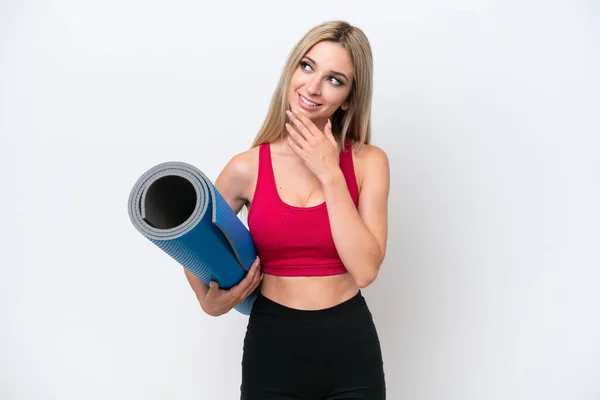 Young Sport Blonde Woman Going Yoga Classes While Holding Mat —  Fotos de Stock