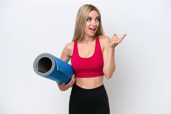 Ung Sport Blond Kvinna Går Till Yogaklasser Samtidigt Som Man — Stockfoto