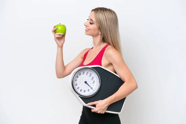 Pretty Blonde Woman Isolated White Background Weighing Machine Apple — Stockfoto