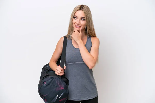 Young Sport Woman Sport Bag Isolated White Background Looking Side — ストック写真