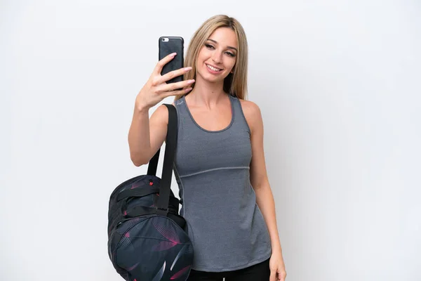 Young Sport Woman Sport Bag Isolated White Background Making Selfie — Stok fotoğraf