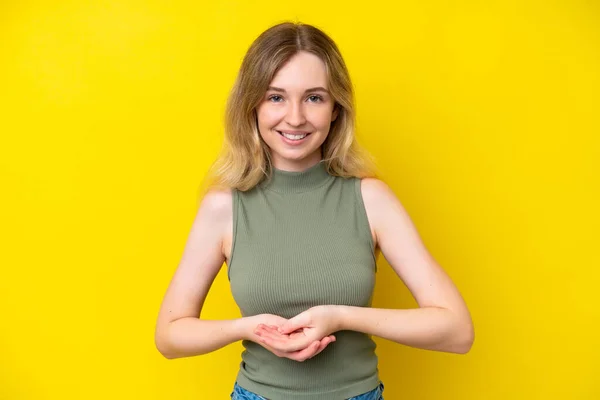 Blonde English Young Girl Isolated Yellow Background Laughing — Stockfoto