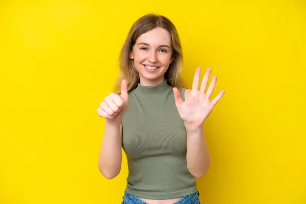 Blonde English Young Girl Isolated Yellow Background Counting Six Fingers — Fotografia de Stock