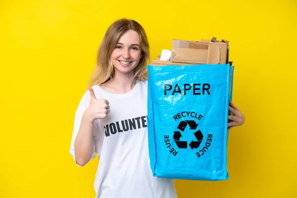Blonde English Young Girl Holding Recycling Bag Full Paper Recycle – stockfoto
