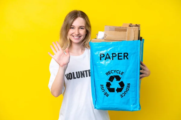 Blonde English Young Girl Holding Recycling Bag Full Paper Recycle — Stock Photo, Image