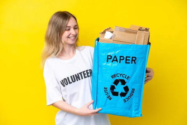 Blonde English Young Girl Holding Recycling Bag Full Paper Recycle — Stock Photo, Image