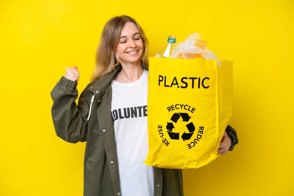 Blonde English Young Girl Holding Bag Full Plastic Bottles Recycle — Stock Photo, Image