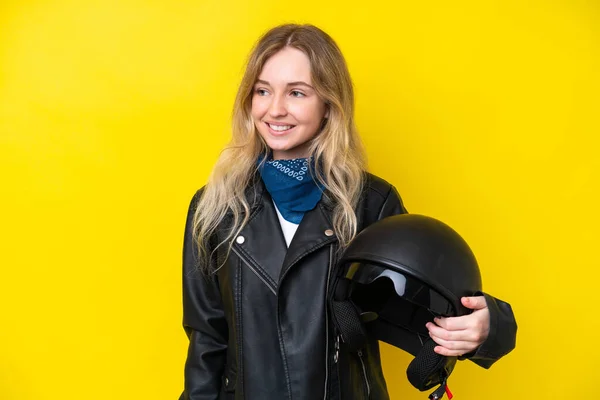 Blonde English Young Girl Motorcycle Helmet Isolated Yellow Background Looking — Stockfoto
