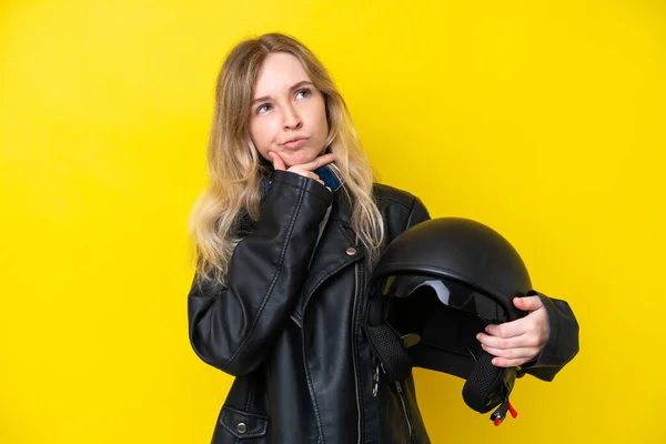 Blonde English Young Girl Motorcycle Helmet Isolated Yellow Background Having — Zdjęcie stockowe