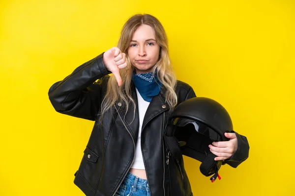 Blonde English Young Girl Motorcycle Helmet Isolated Yellow Background Showing — Fotografia de Stock