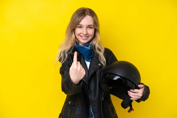 Blonde English Young Girl Motorcycle Helmet Isolated Yellow Background Doing — ストック写真