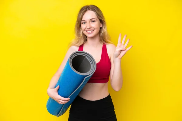 Young Sport Caucasian Woman Going Yoga Classes While Holding Mat —  Fotos de Stock
