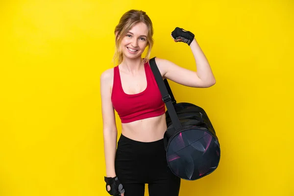 Young Sport Caucasian Woman Sport Bag Isolated Background Doing Strong — Stok fotoğraf