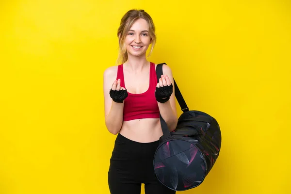 Young Sport Caucasian Woman Sport Bag Isolated Background Making Money — Fotografia de Stock