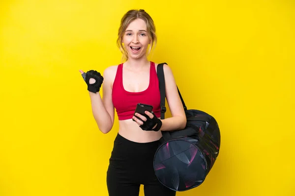 Young Sport Caucasian Woman Sport Bag Isolated Background Phone Victory — Fotografia de Stock