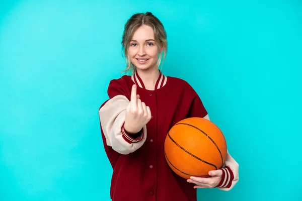 Young Basketball Player Caucasian Woman Isolated Blue Background Doing Coming — Stok fotoğraf