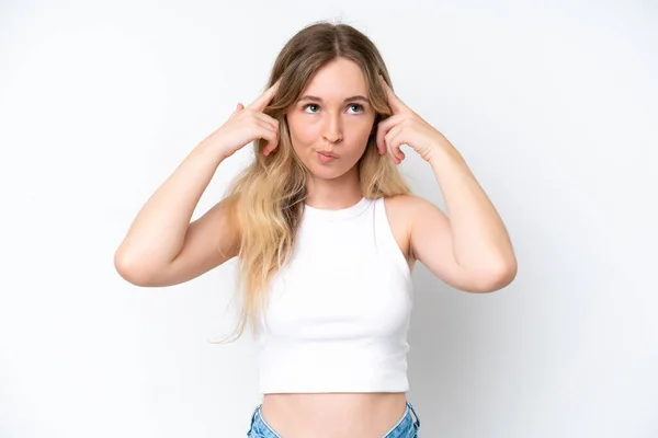 Blonde English Young Girl Isolated White Background Having Doubts Thinking — Stock fotografie