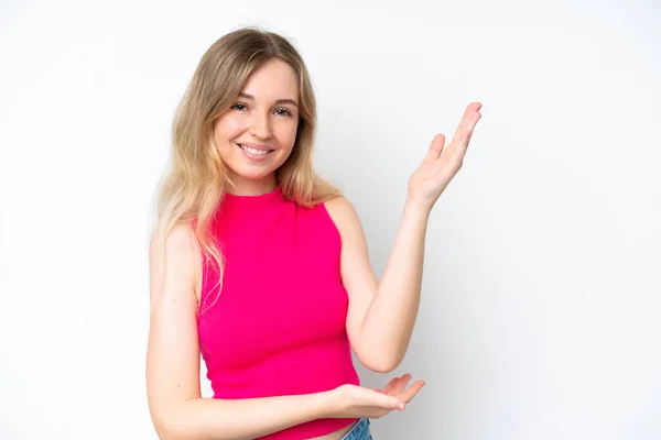 Blonde English Young Girl Isolated White Background Extending Hands Side – stockfoto