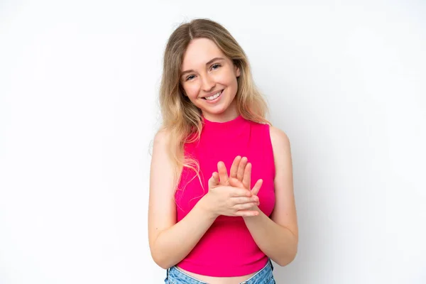 Blonde English Young Girl Isolated White Background Applauding Presentation Conference — Zdjęcie stockowe