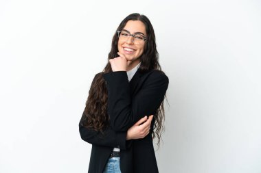 Young business woman isolated on white background happy and smiling