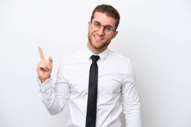Young business caucasian man isolated on white background showing and lifting a finger in sign of the best