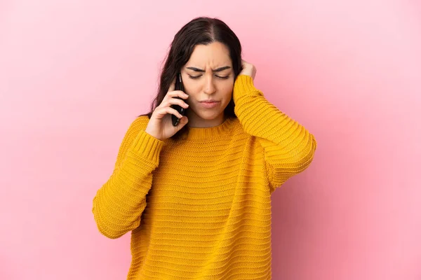 Young Caucasian Woman Using Mobile Phone Isolated Pink Background Frustrated — Photo